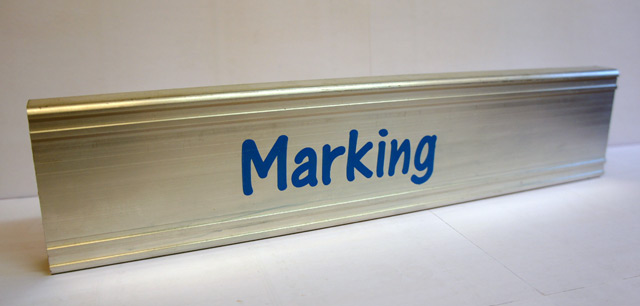 Promotional marking on aluminium section.